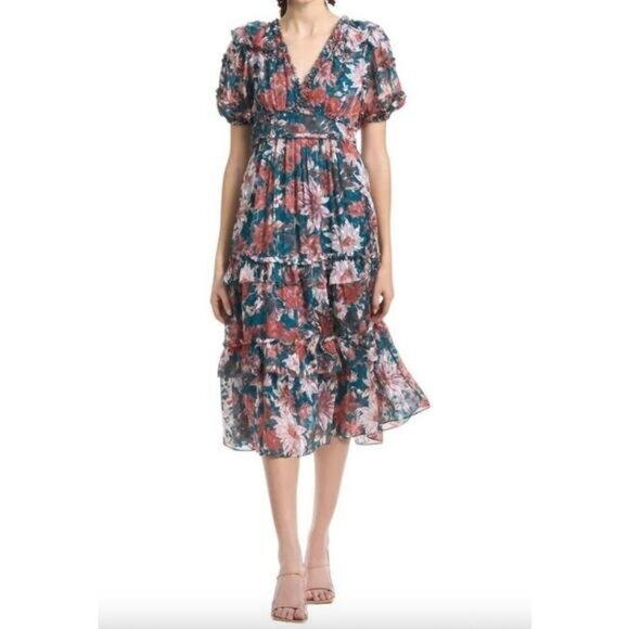 NWT SACHIN + BABI Dress Veronica Knee Length Teal Guava Blue Midi Casual